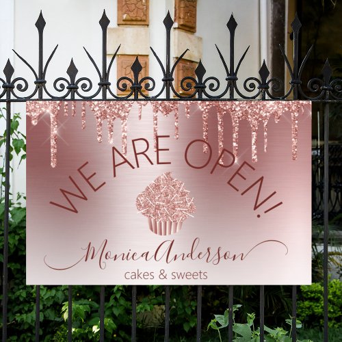 Cupcake Bakery Pastry Chef Glitter Drips Rose Gold Banner