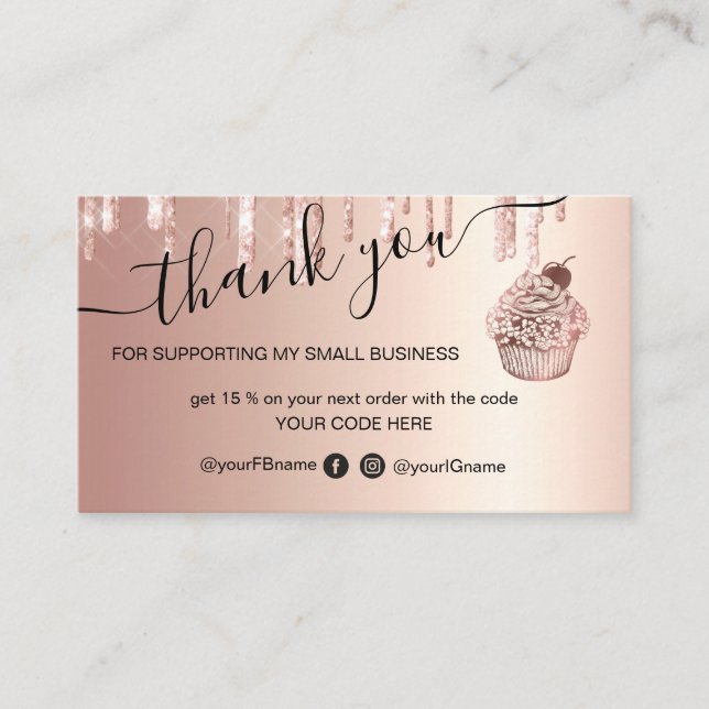 Cupcake Bakery Pastry Chef Glitter Drips Rose Gold Business Card (Front)
