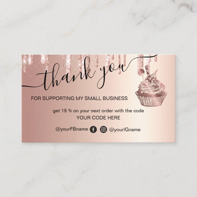 Cupcake Bakery Pastry Chef Glitter Drips Rose Gold Business Card (Front)