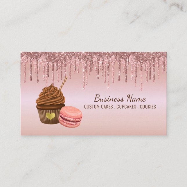 Cupcake Bakery Pastry Chef Glitter Drips Rose Gold Business Card (Front)