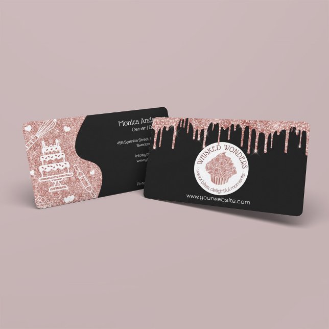 Cupcake Bakery Pastry Chef Glitter Drips Rose Gold Business Card (Pastry Cake Bakery Glitter Rose Gold Pink Drips Business Card)