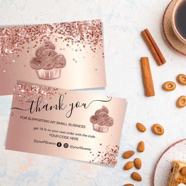 Cupcake Bakery Pastry Chef Glitter Drips Rose Gold Business Card (Pastry and home made cakes business marketing material with a rose gold glitter cupcake design.)
