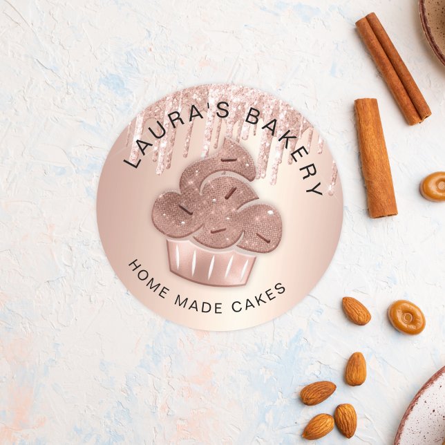 Cupcake Bakery Pastry Chef Glitter Drips Rose Gold Classic Round Sticker (Pastry and home made cakes business marketing material with a rose gold glitter cupcake design.)