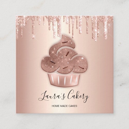 Cupcake Bakery Pastry Chef Glitter Drips Rose Gold Square Business Card