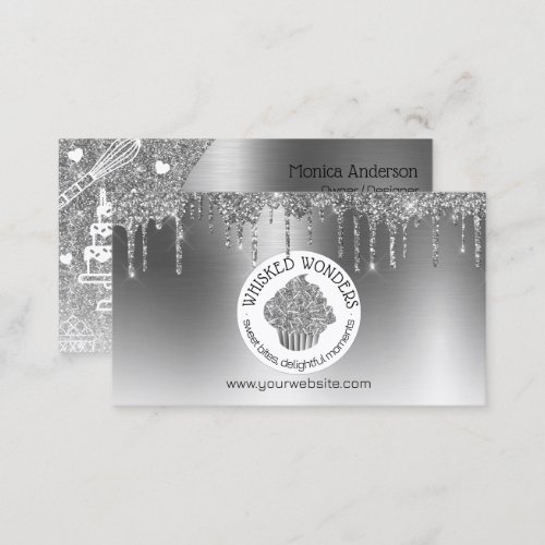 Cupcake Bakery Pastry Chef Glitter Drips Silver Business Card