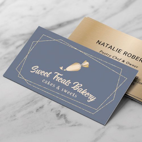 Cupcake Bakery Pastry Chef Gold Cake Dusty Blue Business Card
