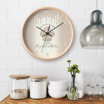 Cupcake Bakery Pastry Chef Gold Glitter Drips Chic Large Clock<br><div class="desc">Make a stylish impression with this elegant, sophisticated, simple, and modern custom name wall clock. A sparkly, champagne gold cupcake, script handwritten typography and glitter drips overlay a faux metallic champagne gold ombre background. Personalize with your full name, business, or other info. Your choice of a round or square clock...</div>