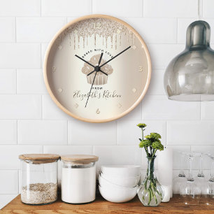 Cupcake Bakery Pastry Chef Gold Glitter Drips Chic Large Clock