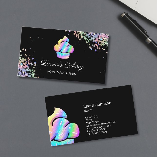 Cupcake Bakery Pastry Chef Holographic Business Ca Card (holographic cupcake with glitter on the black background bakery logo)
