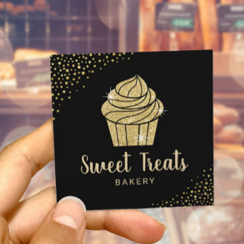 Cupcake Bakery Pastry Chef Modern Black & Gold Square Business Card by cardfactory at Zazzle