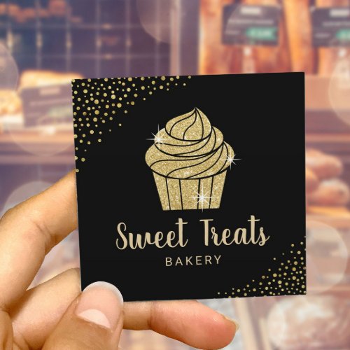 Cupcake Bakery Pastry Chef Modern Black  Gold Square Business Card