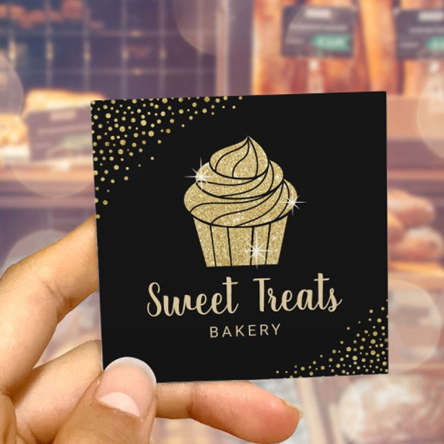Cupcake Bakery Pastry Chef Modern Black & Gold Square Business Card (Creator Uploaded)
