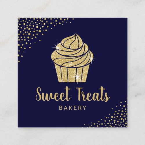 Cupcake Bakery Pastry Chef Modern Navy  Gold Square Business Card