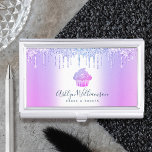 Cupcake Bakery Pastry Chef Purple Glitter Drips Business Card Case<br><div class="desc">Here’s a wonderful, trendy way to show off your brand. Present your best self to your clients, with this elegant, sophisticated, simple, and modern custom name business card holder. A sparkly, purple pink blue ombre cupcake, script handwritten typography and glitter drips overlay a faux metallic purple blue ombre background. Personalize...</div>