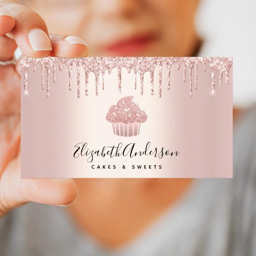Cupcake Bakery Pastry Chef Rose Gold Glitter Drips Business Card