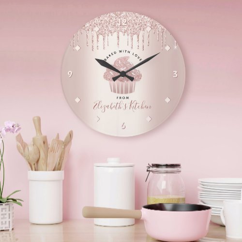 Cupcake Bakery Pastry Chef Rose Gold Glitter Drips Large Clock