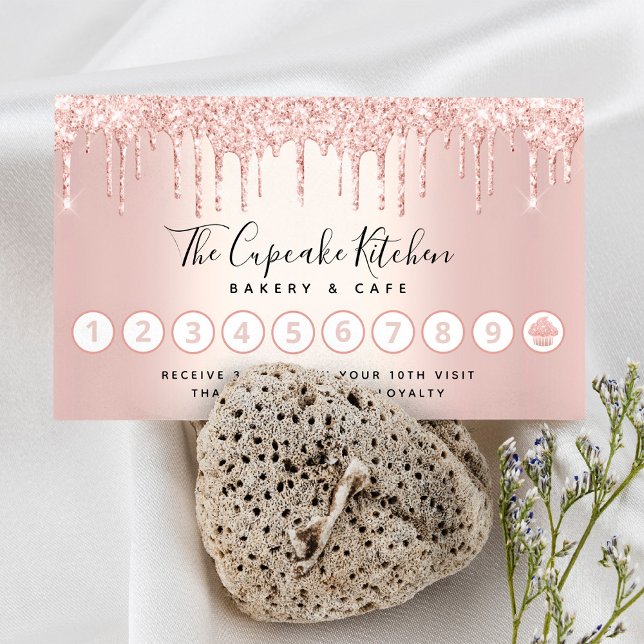 Cupcake Bakery Pastry Chef Rose Gold Glitter Drips Loyalty Card (Creator Uploaded)