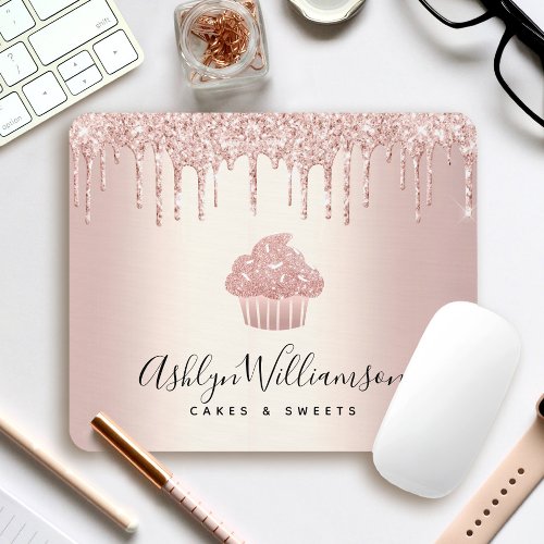 Cupcake Bakery Pastry Chef Rose Gold Glitter Drips Mouse Pad