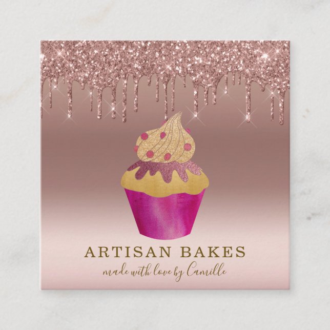 Cupcake Bakery Pastry Chef Rose Gold Glitter Drips Square Business Card (Front)