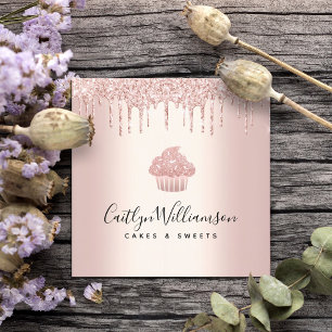 Cupcake Bakery Pastry Chef Rose Gold Glitter Drips Square Business Card