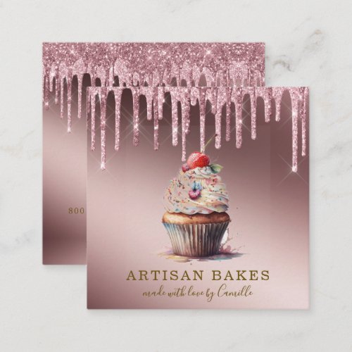 Cupcake Bakery Pastry Chef Rose Gold Glitter Drips Square Business Card