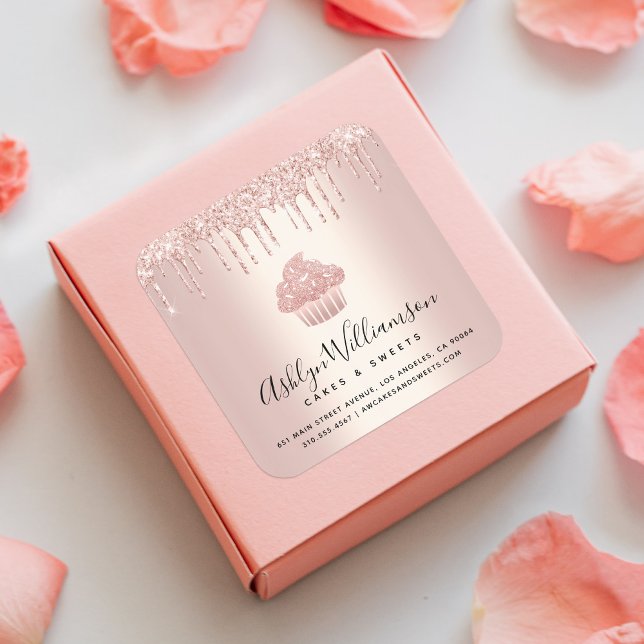 Cupcake Bakery Pastry Chef Rose Gold Glitter Drips Square Sticker (Creator Uploaded)