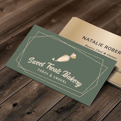Cupcake Bakery Pastry Chef Sage Green Gold Cake Business Card