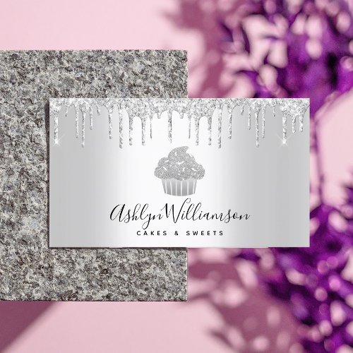 Cupcake Bakery Pastry Chef Silver Glitter Drips Business Card