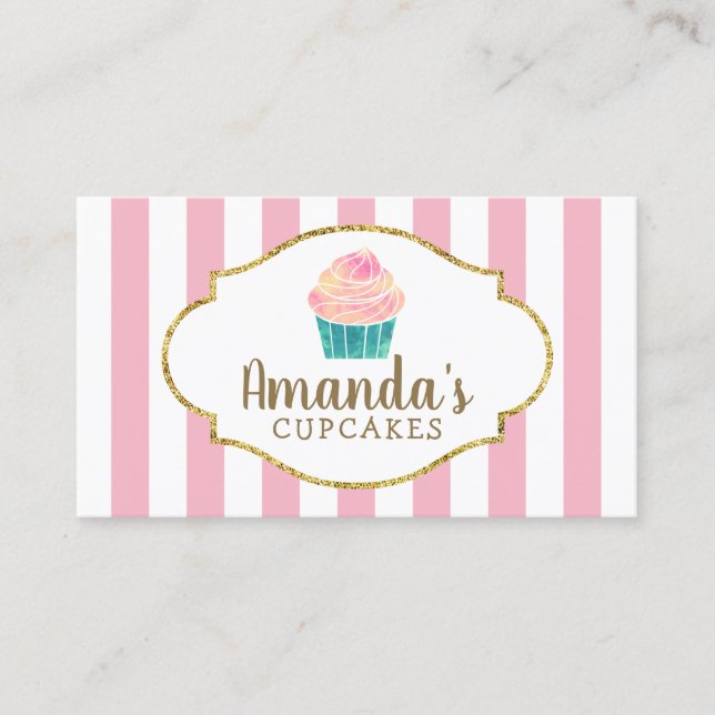 Cupcake Bakery Pastry Chef Sweet Pink Stripes Business Card (Front)