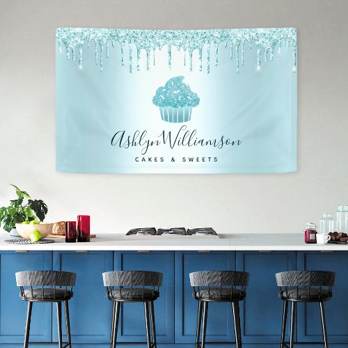 Cupcake Bakery Pastry Chef Turquoise Glitter Drips Banner