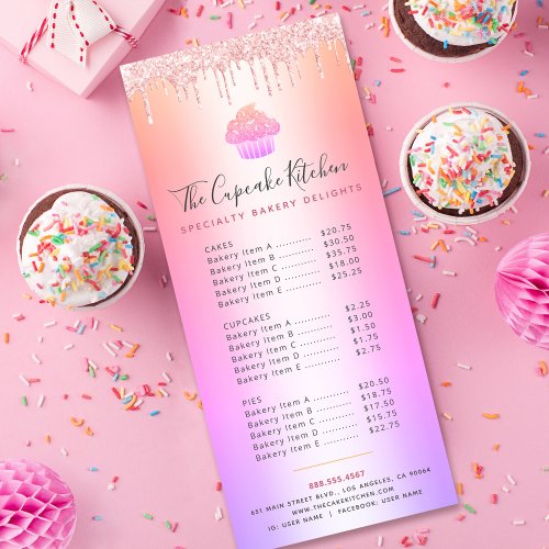 Cupcake Bakery Pink Glitter Rainbow Ombre Menu