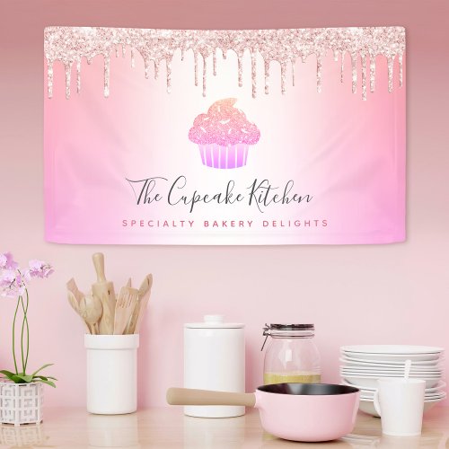 Cupcake Bakery Pink Rose Glitter Rainbow Ombre Banner