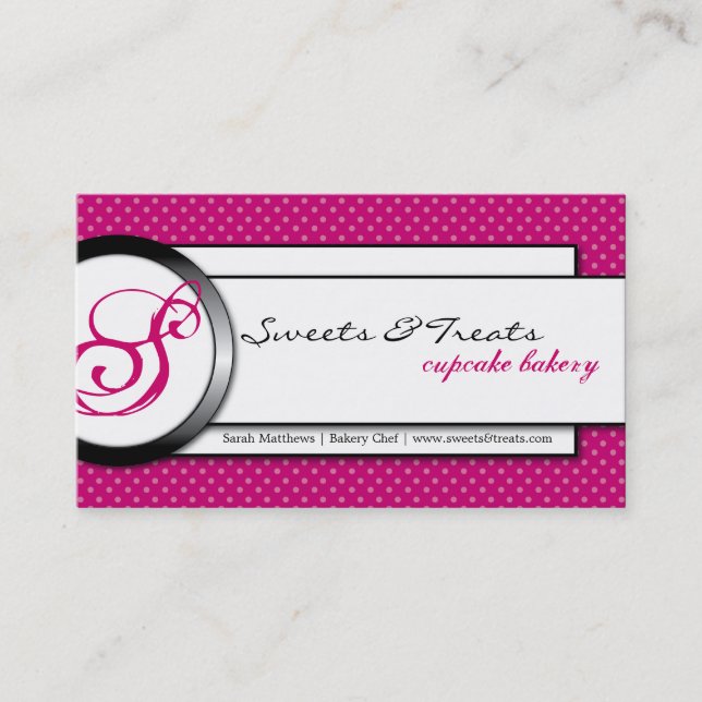 Cupcake Bakery Pink White Monogram Business Card (Front)