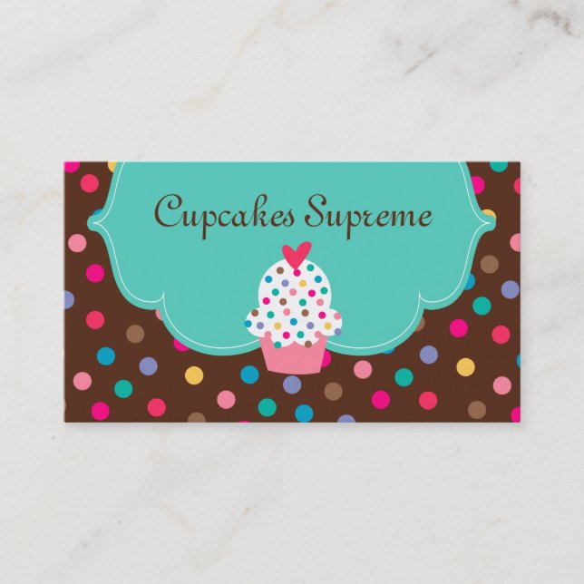 Cupcake Bakery Polka Dots Brown Green Heart Business Card (Front)