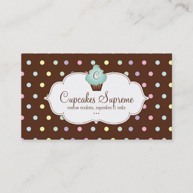 Cupcake Bakery Polka Dots Chocolate Mint Green Business Card (Front)