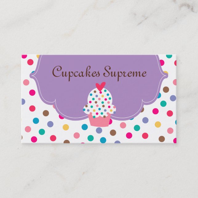 Cupcake Bakery Polka Dots Purple Heart 2 Business Card (Front)