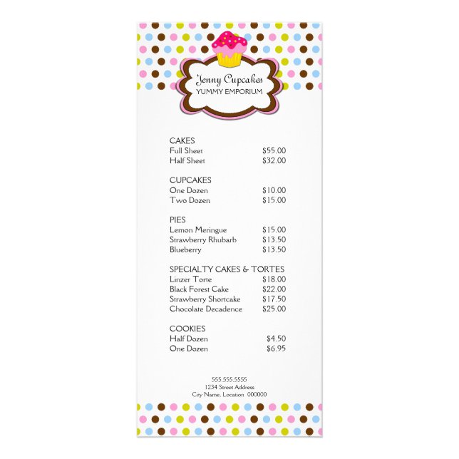 Cupcake Bakery Promotional Price List Rack Card (Front)
