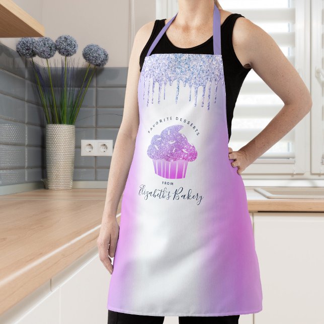 Cupcake Bakery Purple Blue Glitter Drip Typography Apron (Creator Uploaded)