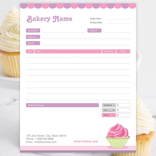 Cupcake Bakery Purple Pink Order Form Invoice Notepad