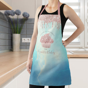Cupcake Bakery Rose Gold Drips Blue Watercolor Apron