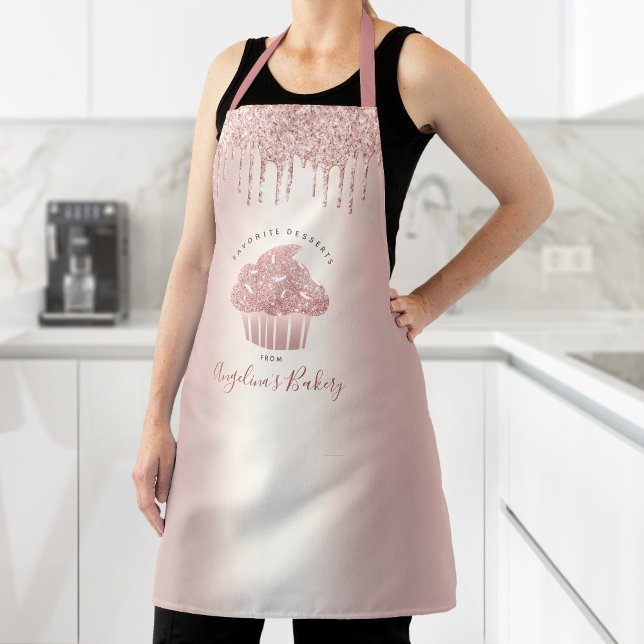 Cupcake Bakery Rose Gold Girly Glitter Drip Script Apron (Creator Uploaded)