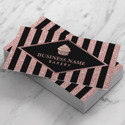 Cupcake Bakery Rose Gold Glitter Black Stripes Business Card