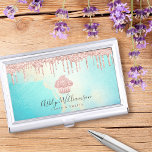 Cupcake Bakery Rose Gold Glitter Drips Turquoise  Business Card Case<br><div class="desc">Here’s a wonderful, trendy way to show off your brand. Present your best self to your clients, with this elegant, sophisticated, simple, and modern custom name business card holder. A sparkly, rose gold cupcake, glitter drips, and handwritten typography overlay a turquoise blue and light gold watercolor background. Personalize with your...</div>