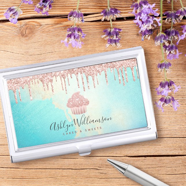 Cupcake Bakery Rose Gold Glitter Drips Turquoise  Business Card Case (Creator Uploaded)