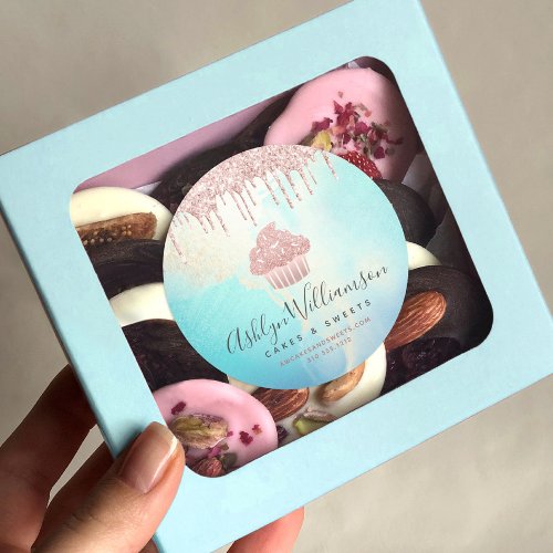 Cupcake Bakery Rose Gold Glitter Drips Watercolor  Classic Round Sticker