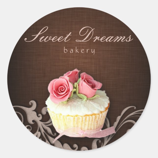 Cupcake Bakery Sticker Linen Brown Pink Roses (Front)