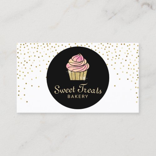 Cupcake Bakery Sweet Treats Cute Gold Confetti Business Card