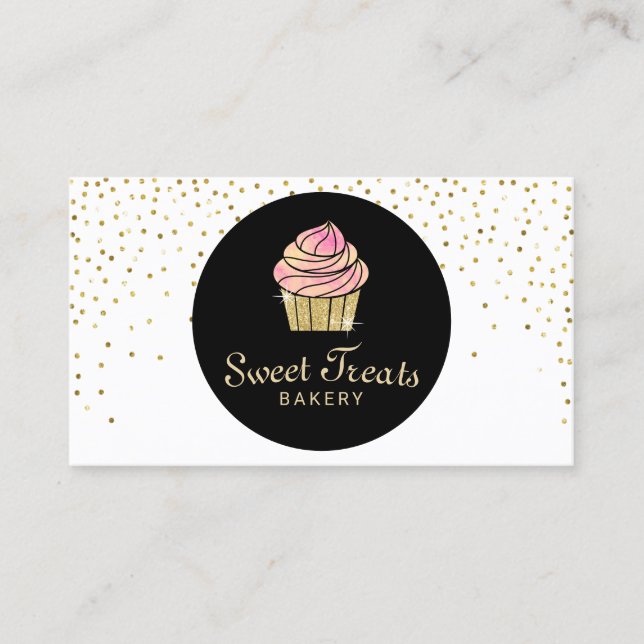 Cupcake Bakery Sweet Treats Cute Gold Confetti Business Card (Front)
