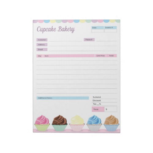 Cupcake Bakery Theme Order Form Invoice Notepad