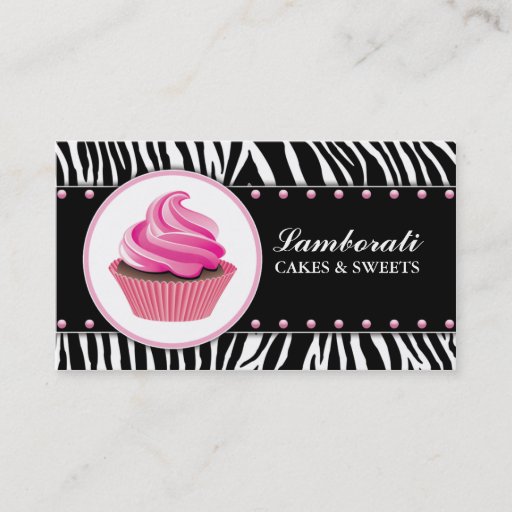 Customizable Cupcake Bakery Zebra Print Pink Elegant Modern Business Card Template